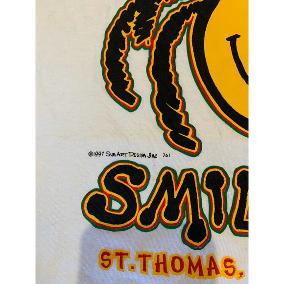 Vtg 90s St Thomas Smile Mon Faded Shirt L Smiley Rasta Beach Funny Humor Grunge - Picture 2 of 5